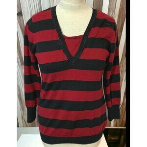 Norton McNaughton Womens Sweater Size Large Red Striped V-Neck Pullover